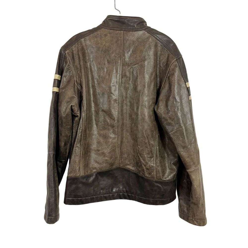 Roundtree & Yorke Brown Leather Striped Jacket Racing Biker Pockets Size Medium - Picture 2 of 7